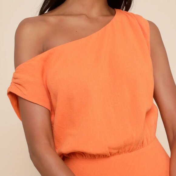 Lulus Casual Enchantment Orange Linen Off-the-shoulder Midi Dress - Size M - Picture 2 of 6